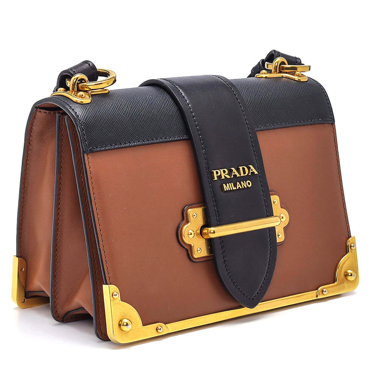 Prada - Cognac & Black Leather Flap Closure Cahier Shoulder Bag